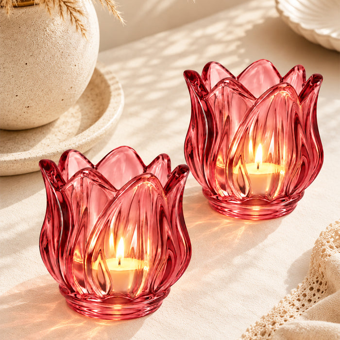 Set of 2 Pink Flower Shaped Glass Votive Candle Holders, Lotus Tea Light Stands for Diwali Decoration & Festive Home Decor (8x6 cm)
