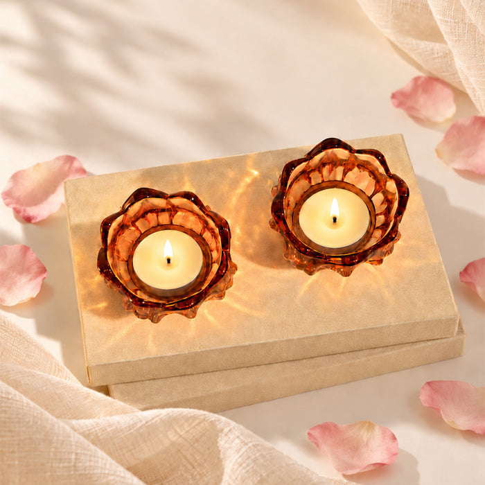 Set of 2 Pink Flower Shaped Glass Votive Candle Holders, Lotus Tea Light Stands for Diwali Decoration & Festive Home Decor (8x6 cm)