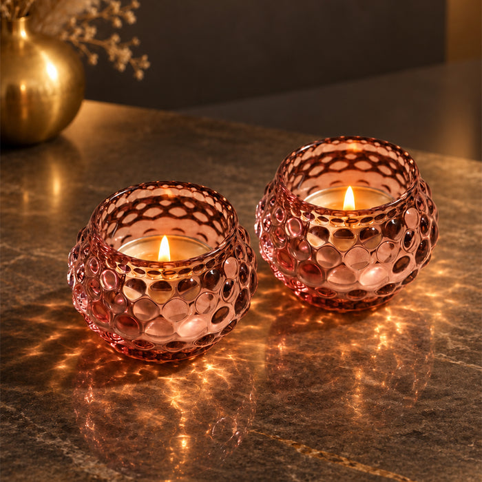 Set of 2 Pink Glass Votive Candle Holders, Decorative Tea Light Holders for Diwali Decoration & Festive Home Decor (5x4.5 cm)