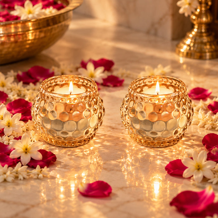 Set of 2 Pink Glass Votive Candle Holders, Decorative Tea Light Holders for Diwali Decoration & Festive Home Decor (5x4.5 cm)