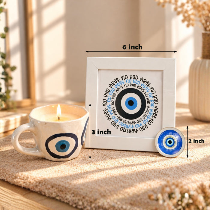 Diwali Evil Eye Gift Set with Photo Framed Art, Evil Eye Scented Candle & Round Coaster