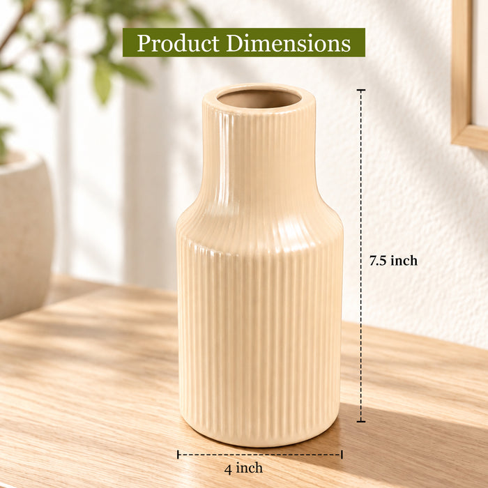 Pleated Ceramic Vase| Decorative Flower Pot for Home| Wedding, Living Room, Bedroom & Office Décor| New Year, Christmas Décor (Only Vase, 4x6 Inch)| Free Flower Stick with Vase