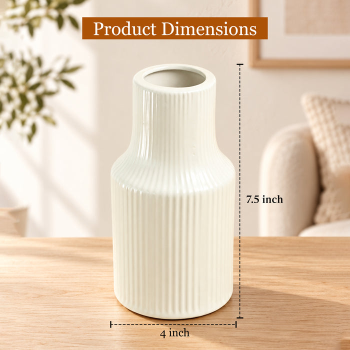 Pleated Ceramic Vase| Decorative Flower Pot for Home| Wedding, Living Room, Bedroom & Office Décor| New Year, Christmas Décor (Only Vase, 4x6 Inch)| Free Flower Stick with Vase