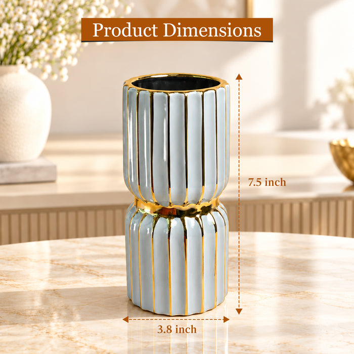 Ceramic Flower Vase For Living Room| Modern Decorative Home Décor| Flower Vase for Centerpieces & Tables| New Year, Christmas Decoration (Grey, 3.8x7.5 Inch)| Free Flower Stick with Vase