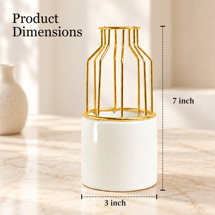 Ceramic Vase with Gold Metal Finish| White Flower Pot for Home| Living Room, Bedroom & Office Décor| Vase for Gift| Size 7x3 Inch| Free Flower Stick with Vase