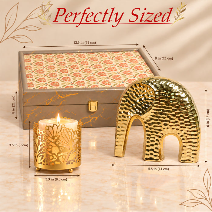 Diwali Luxury Gift Box with Gold Textured Elephant Figurine & Cutout Metal Votive Candle Holder in Satin-Lined Wooden Box
