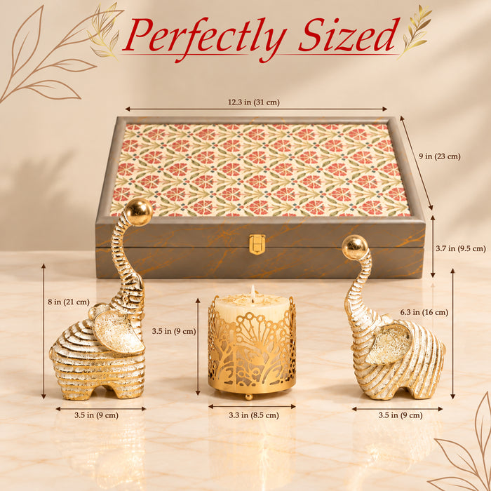 Diwali Luxury Gift Box with Gold Textured Elephant Figurine & Cutout Metal Votive Candle Holder in Satin-Lined Wooden Box