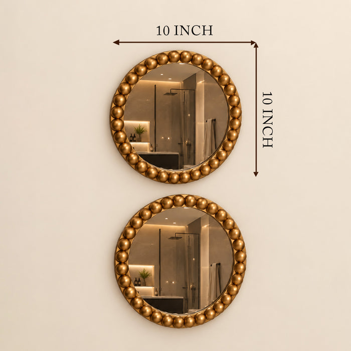 Round Wall Mirror Set of 2, Golden Beaded Frame Decorative Wall Mirrors for Living Room, Bedroom & Home Decor (10x10 Inch)