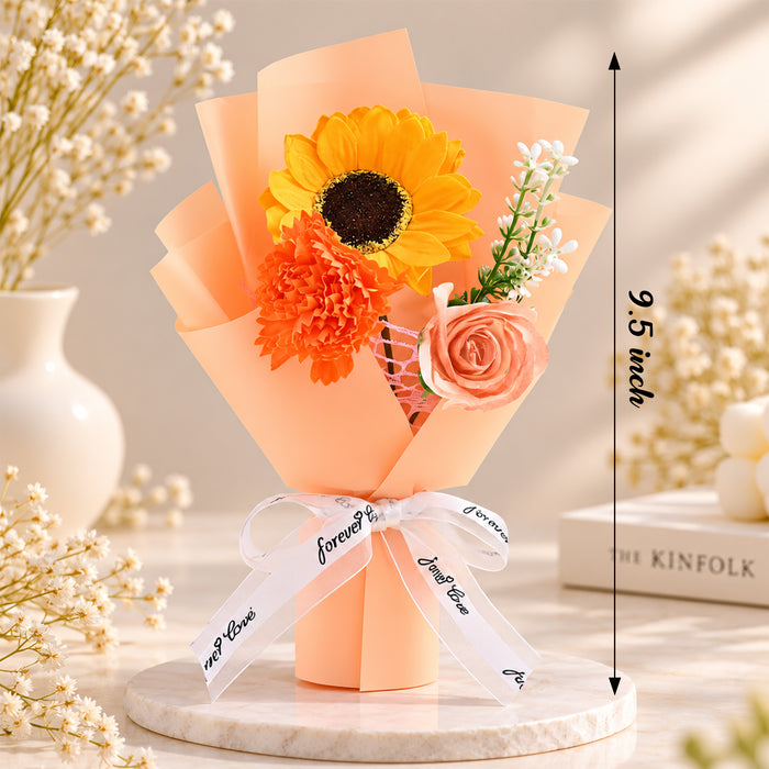 Artificial Flower Bouquet with Sunflower, Rose & Carnation in Peach Wrap, Mini Floral Gift for Birthday, Anniversary & Special Occasions