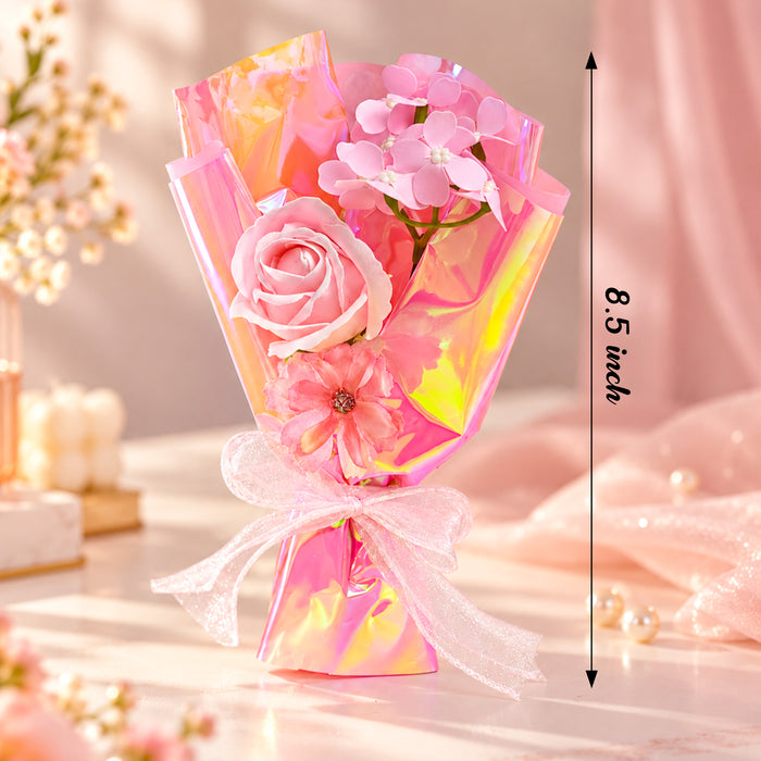 Pink Artificial Rose & Blossom Mini Bouquet, Elegant Floral Gift Wrapped in Pink Foil for Birthday, Anniversary, Valentine’s Day & Gifting