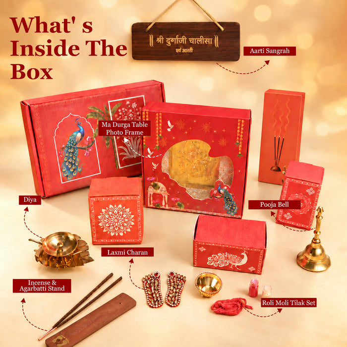Diwali Pooja Gift Box with Brass Diya, Bell, Hanuman Chalisa Frame & Puja Accessories | Diwali Gift Hamper