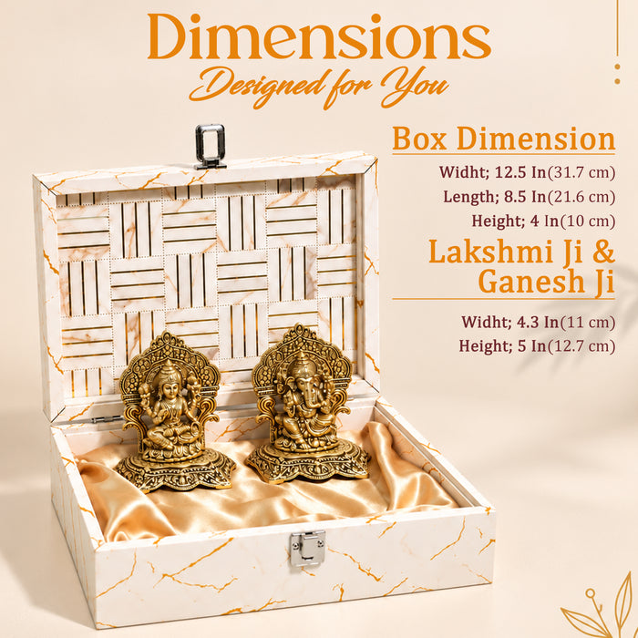 Art Street Lakshmi Ganesha Idol Set with White Marble Finish Box, Antique Gold Diwali Gift Box for Home Decor