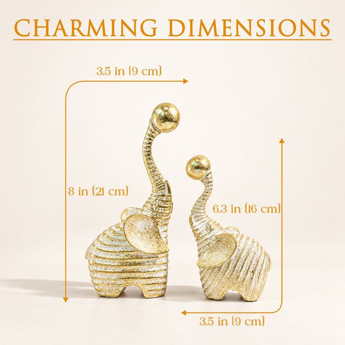 Set of 2 White & Gold Textured Resin Trunk Up Elephant Figurines, Decorative Tabletop Accent Statues for Home Decor (21x9 cm)