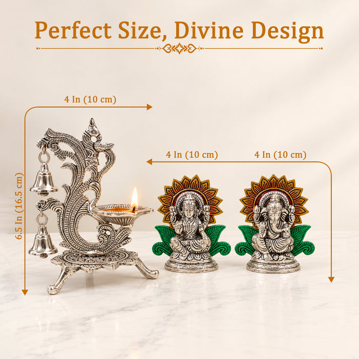 Lakshmi Ganesha Idol Set with Silver Peacock Diya Stand, Decorative Metal Puja Set for Temple Home Decor