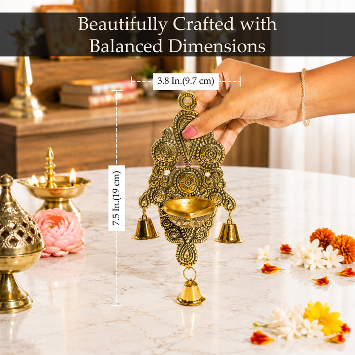 Brass Wall Hanging Diya with Bells, Decorative Oil Lamp Candle Holder for Diwali Puja, Temple & Home Decor