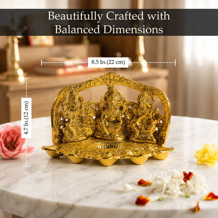 Gold Plated Laxmi Ganesh Saraswati Idol Statue Frame Set for Diwali Puja, Mandir, Home Decor & Festive Gifting