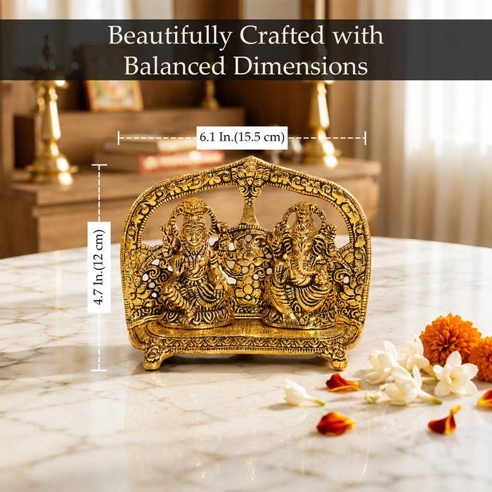 Gold Plated Laxmi Ganesh Statue Frame, Metal Lakshmi Ganesha Idol Murti for Diwali Puja, Decor & Gifting