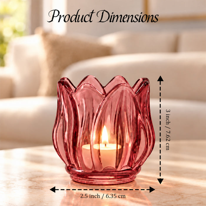 Set of 2 Pink Flower Shaped Glass Votive Candle Holders, Lotus Tea Light Stands for Diwali Decoration & Festive Home Decor (8x6 cm)