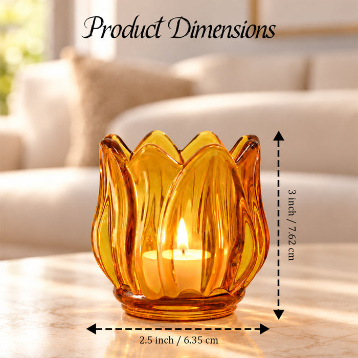 Set of 2 Pink Flower Shaped Glass Votive Candle Holders, Lotus Tea Light Stands for Diwali Decoration & Festive Home Decor (8x6 cm)