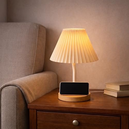 Decorative Bedside Table Lamp With Phone Holder Night Light Desk Side Table Warm White Conical Lamps For Living Room Bedroom 13x24 cm (With LED Light)
