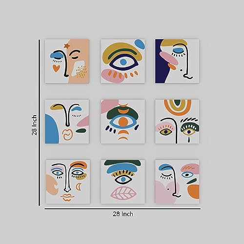 Art Street MDF Abstract Lines Woman Face Wall Art Print, Modern Square Wall Plate, Decorative Home Décor for Living Room, Bedroom & Office - White (Set of 9, Size: 7.65x7.65 Inch)