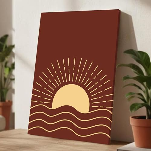 Abstract Dark Brown Sun Rise Stretched Canvas Wall Art Modern Boho Illustration Painting for Home & Office Wall Decor, (16x22 Inch)