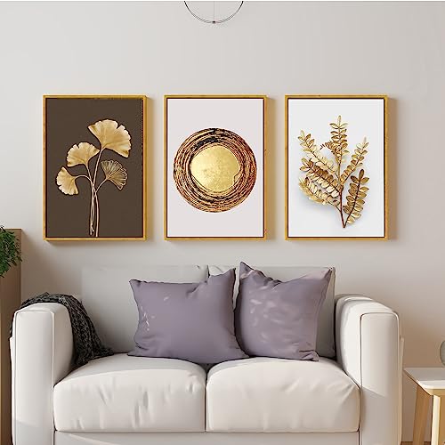 Art Street Abstract Golden Leaf Canvas Painting For Home Décor (17x23 Inch, Set Of 3)