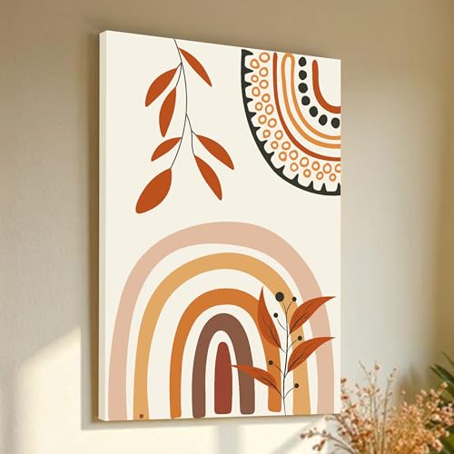 Abstract Rainbow botanical leafs Stretched Canvas Wall Art Modern Boho Illustration Painting for Home & Office Wall Decor, (16x22 Inch)