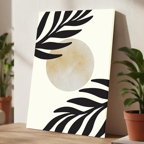 Abstract Sun Leaves Stretched Canvas Wall Art Modern Boho Illustration Painting for Home & Office Wall Decor, (16x22 Inch)