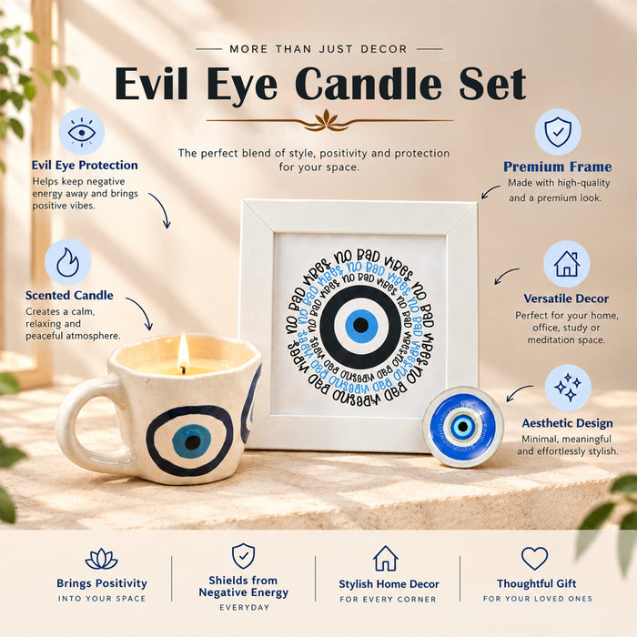 Diwali Evil Eye Gift Set with Photo Framed Art, Evil Eye Scented Candle & Round Coaster