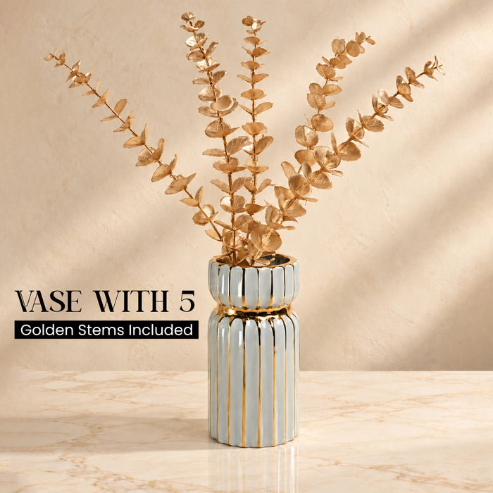 Ceramic Flower Vase For Living Room| Modern Decorative Home Décor| Flower Vase for Centerpieces & Tables| New Year, Christmas Decoration (Grey, 4.5x9.7 Inch)| Free Flower Stick with Vase