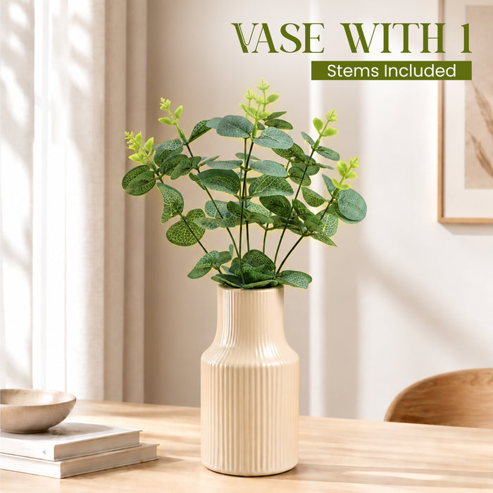 Pleated Ceramic Vase| Decorative Flower Pot for Home| Wedding, Living Room, Bedroom & Office Décor| New Year, Christmas Décor (Only Vase, 4x6 Inch)| Free Flower Stick with Vase