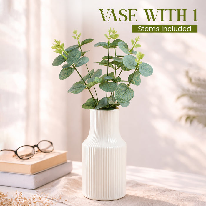 Pleated Ceramic Vase| Decorative Flower Pot for Home| Wedding, Living Room, Bedroom & Office Décor| New Year, Christmas Décor (Only Vase, 4x6 Inch)| Free Flower Stick with Vase