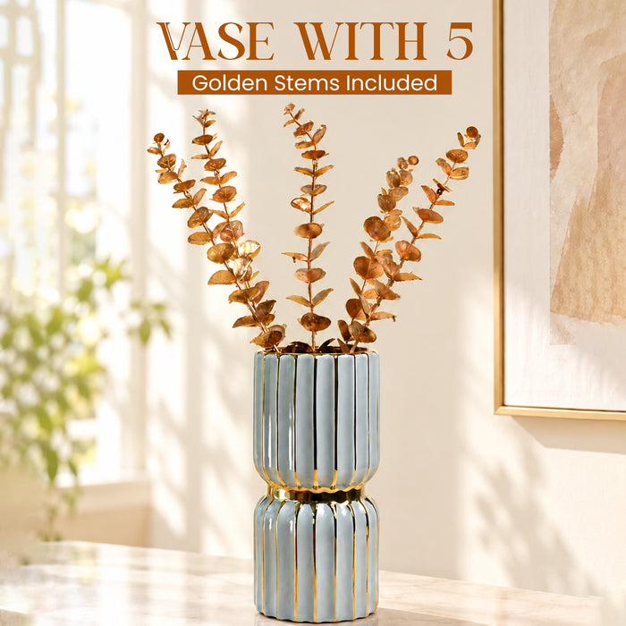 Ceramic Flower Vase For Living Room| Modern Decorative Home Décor| Flower Vase for Centerpieces & Tables| New Year, Christmas Decoration (Grey, 3.8x7.5 Inch)| Free Flower Stick with Vase