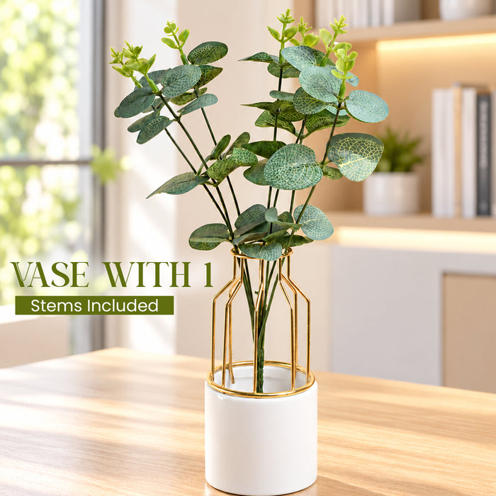 Ceramic Vase with Gold Metal Finish| White Flower Pot for Home| Living Room, Bedroom & Office Décor| Vase for Gift| Size 7x3 Inch| Free Flower Stick with Vase