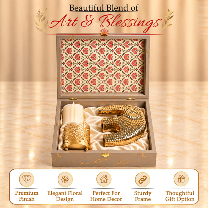 Diwali Luxury Gift Box with Gold Textured Elephant Figurine & Cutout Metal Votive Candle Holder in Satin-Lined Wooden Box