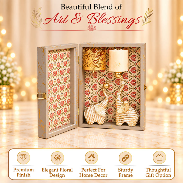 Diwali Luxury Gift Box with Gold Textured Elephant Figurine & Cutout Metal Votive Candle Holder in Satin-Lined Wooden Box