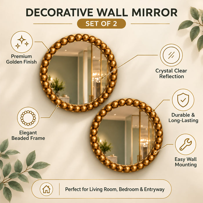 Round Wall Mirror Set of 2, Golden Beaded Frame Decorative Wall Mirrors for Living Room, Bedroom & Home Decor (10x10 Inch)
