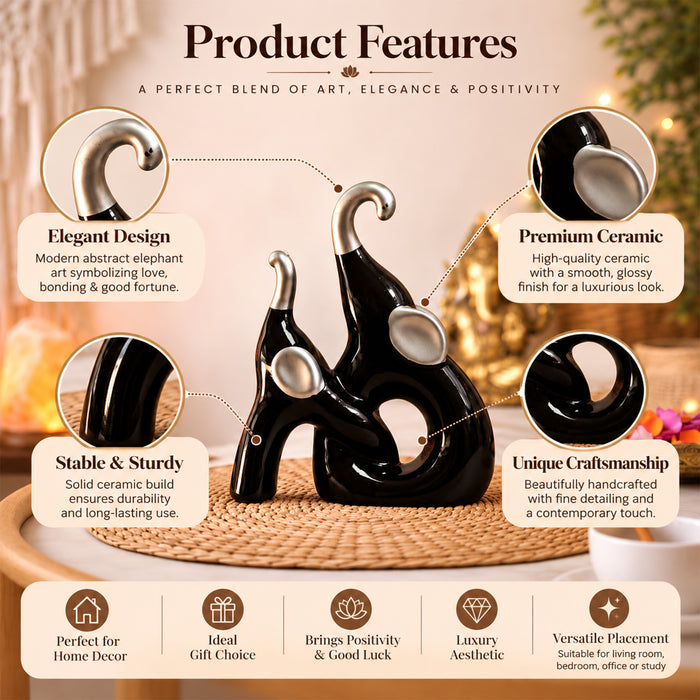 Diwali Decor Set of 2 Elephant Figurines, Ceramic showpiece for Home Decoration, Diwali Gifts, Festive Decor & Pooja Decor (7.5x6.5 Inch)