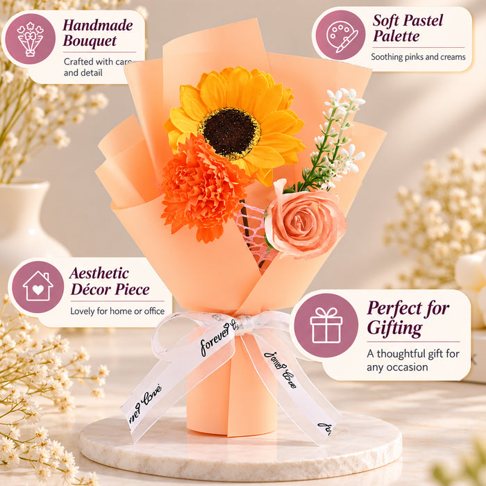 Artificial Flower Bouquet with Sunflower, Rose & Carnation in Peach Wrap, Mini Floral Gift for Birthday, Anniversary & Special Occasions