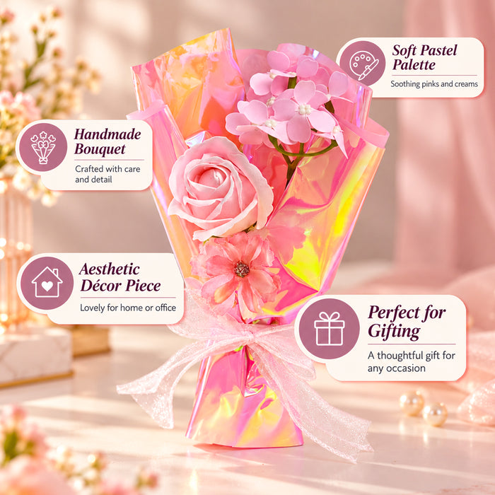 Pink Artificial Rose & Blossom Mini Bouquet, Elegant Floral Gift Wrapped in Pink Foil for Birthday, Anniversary, Valentine’s Day & Gifting