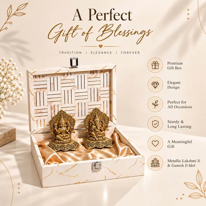 Art Street Lakshmi Ganesha Idol Set with White Marble Finish Box, Antique Gold Diwali Gift Box for Home Decor