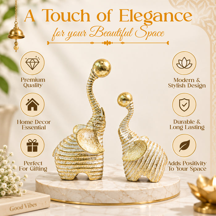 Set of 2 White & Gold Textured Resin Trunk Up Elephant Figurines, Decorative Tabletop Accent Statues for Home Decor (21x9 cm)