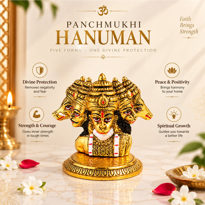 Antique Panchmukhi Hanuman Idol, Decorative Brass Finish Spiritual Statue for Mandir & Home Decor
