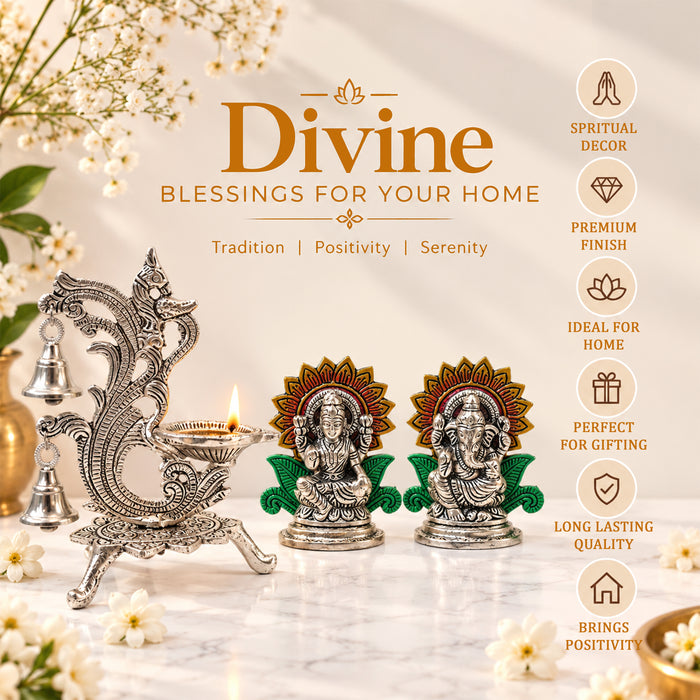 Lakshmi Ganesha Idol Set with Silver Peacock Diya Stand, Decorative Metal Puja Set for Temple Home Decor