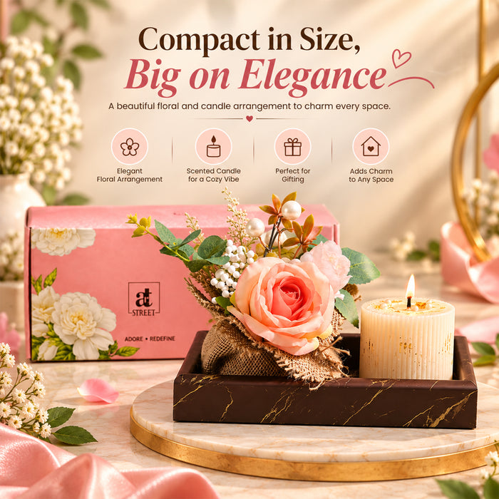 Diwali Gift Set with Pink Artificial Rose Pot, Scented Candle & Candle, Decorative Festive Gift Box for Diwali, Home Décor, Family & Friends Gifting