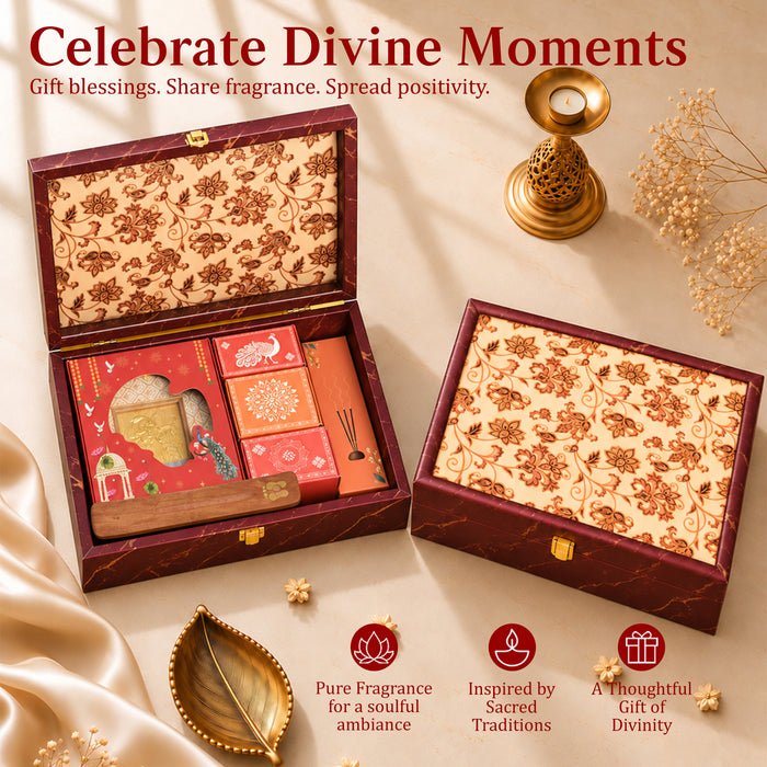 Diwali Pooja Gift Box with Brass Diya, Bell, Hanuman Chalisa Frame & Puja Accessories | Diwali Gift Hamper