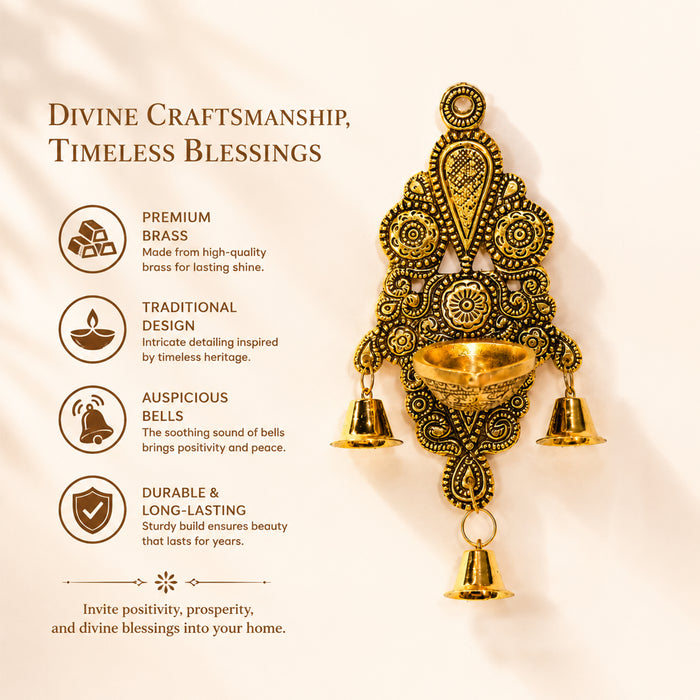 Brass Wall Hanging Diya with Bells, Decorative Oil Lamp Candle Holder for Diwali Puja, Temple & Home Decor