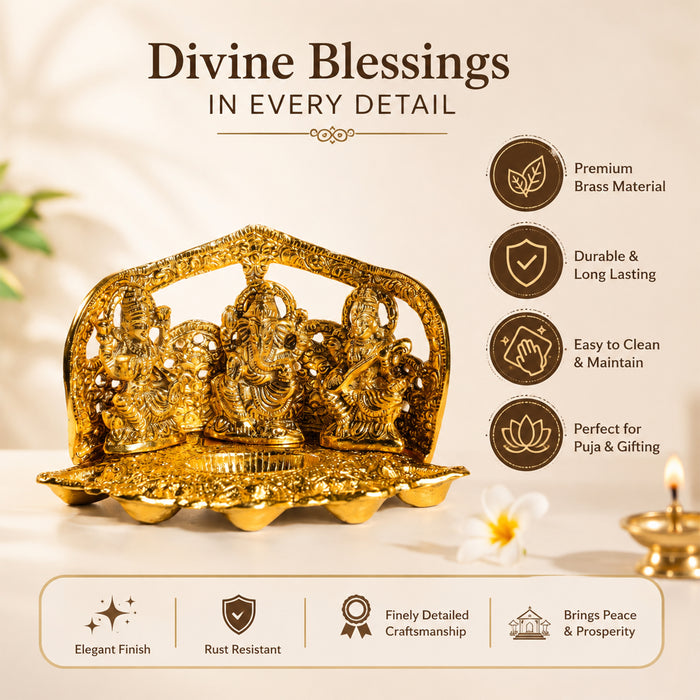 Gold Plated Laxmi Ganesh Saraswati Idol Statue Frame Set for Diwali Puja, Mandir, Home Decor & Festive Gifting