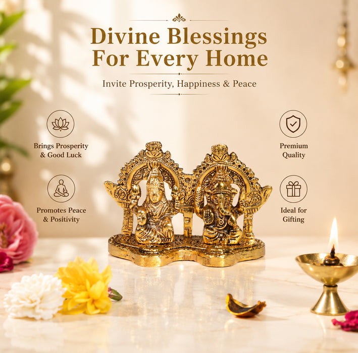 Antique Brass Laxmi Ganesh Statue Set, Metal Lakshmi Ganesha Idol Murti for Diwali Puja, Mandir & Gifting